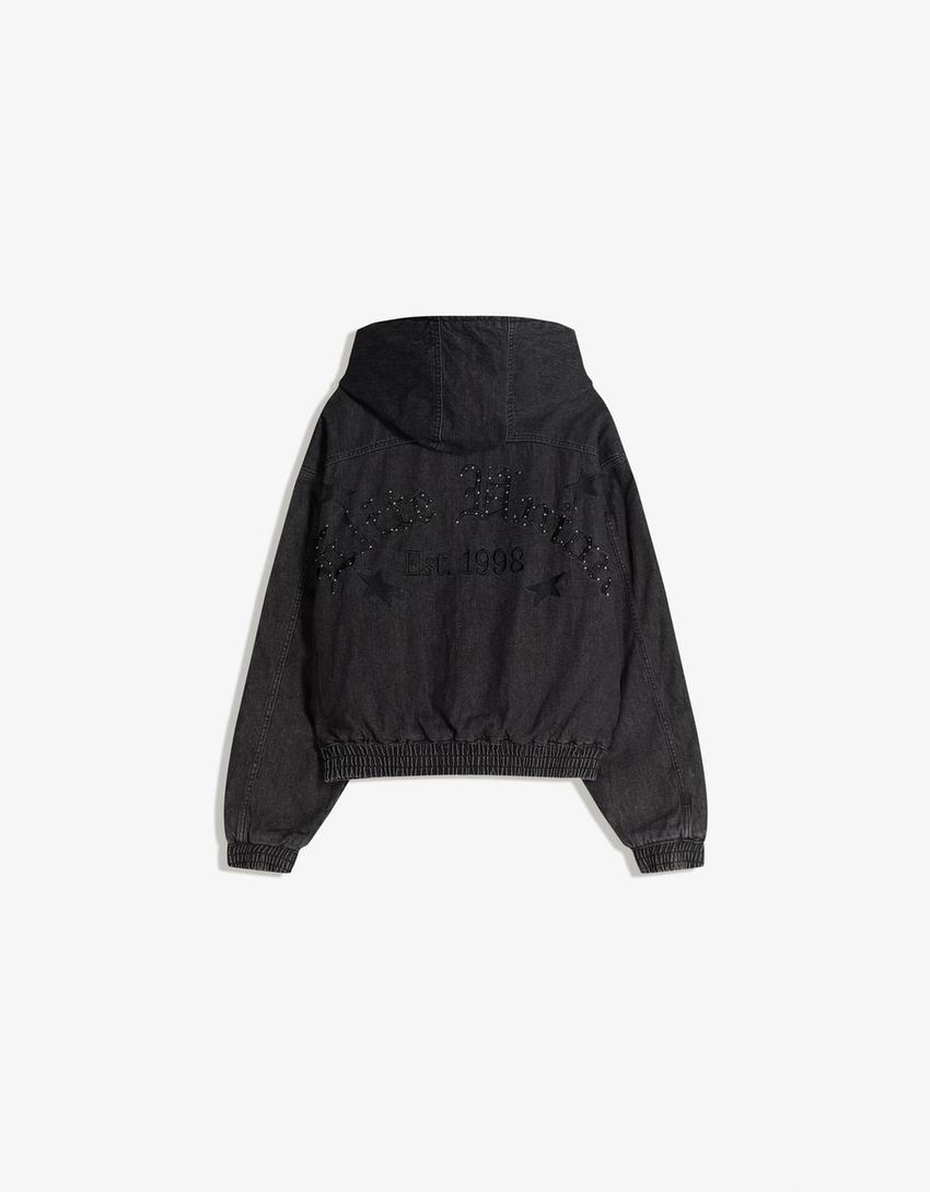 Studded denim bomber jacket with hood-Black