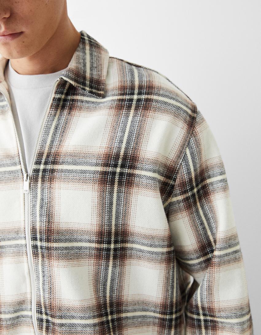 Long sleeve zip-up check overshirt-Burgundy-5