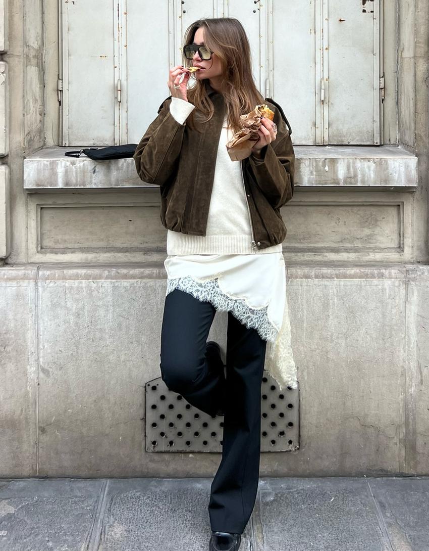 Leather and suede jacket-Khaki