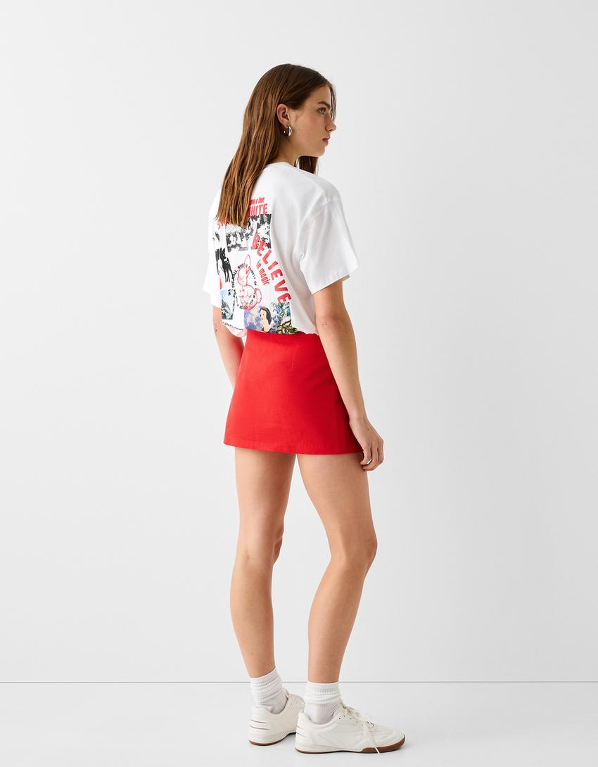 Mini skirt with linen and ties-Red-2