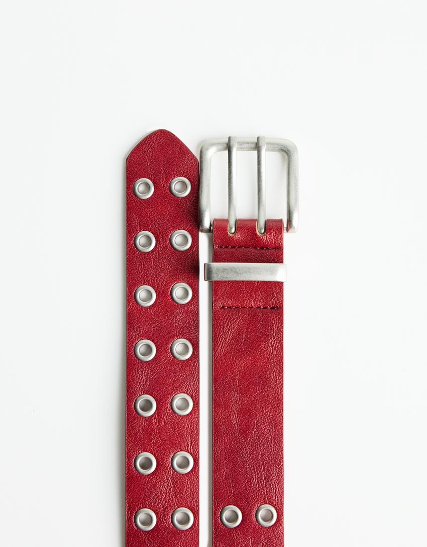 Faux leather belt with eyelets-Red
