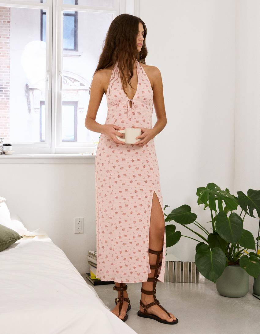 Rochie midi textură print-Roz-2