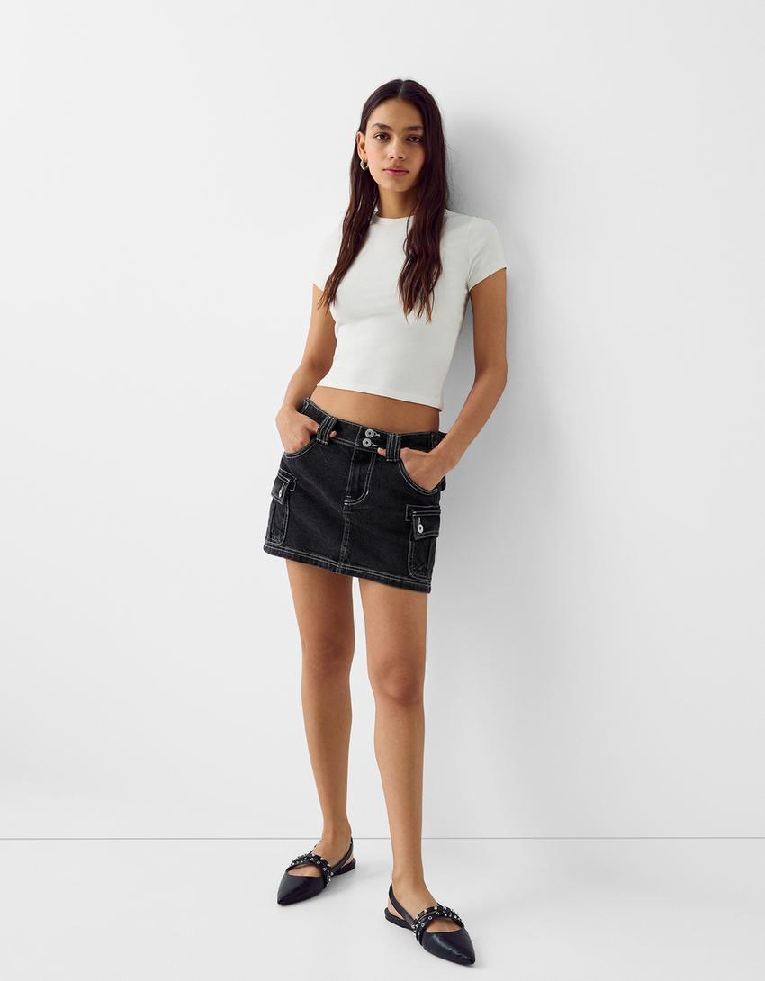 Mini-jupe denim cargo-Noir-3