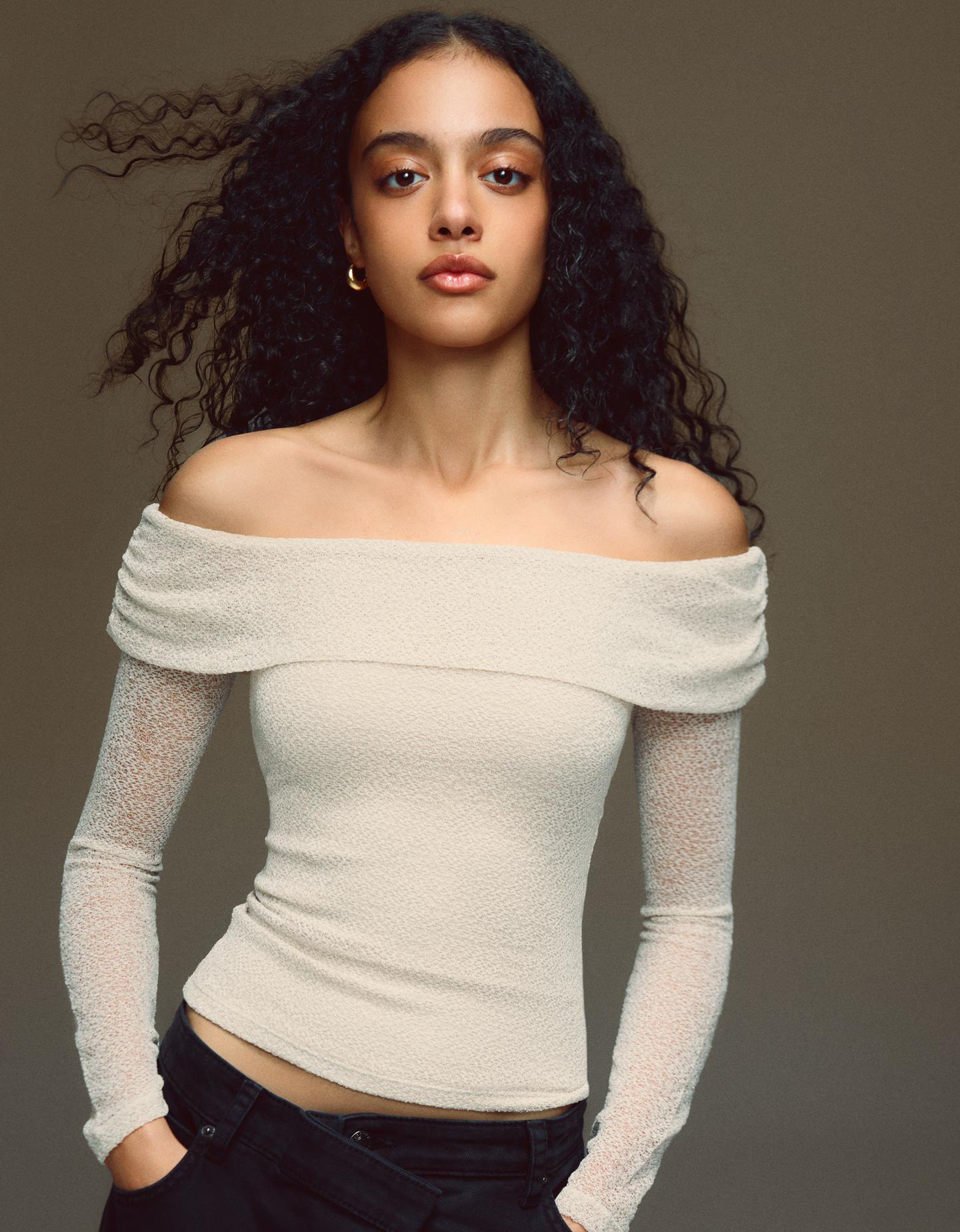 Bershka Top A Maniche Lunghe Bardot Misto Lino Lucido Donna Xl Sabbia