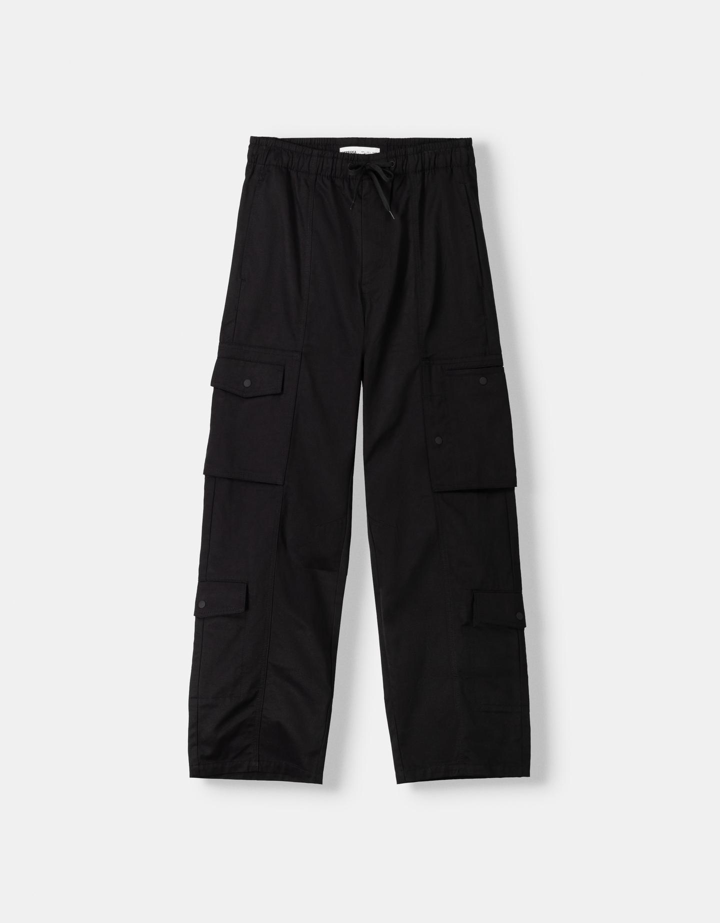 Bershka spodnie wide leg typu multi-cargo czarny