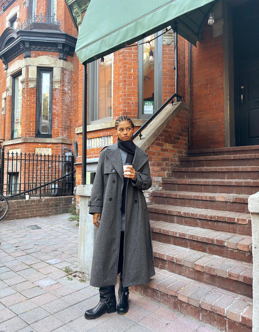 Sobretudo trench com lã oversize-Cinza