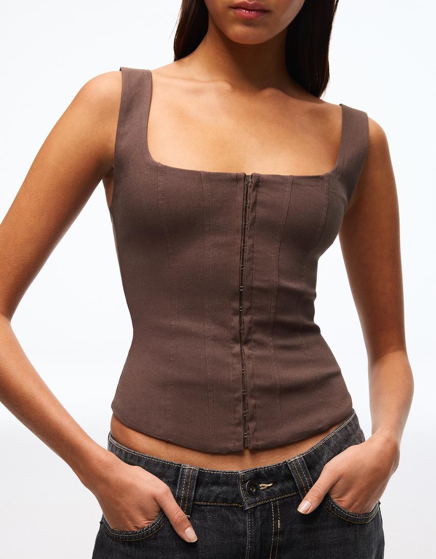 Corsetry-inspired bengaline top-Brown
