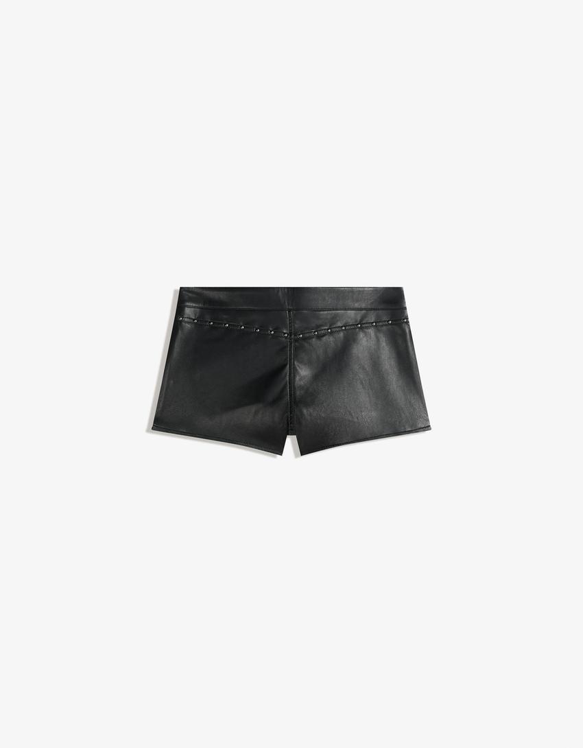 Leather effect lace-up shorts with studs-Black