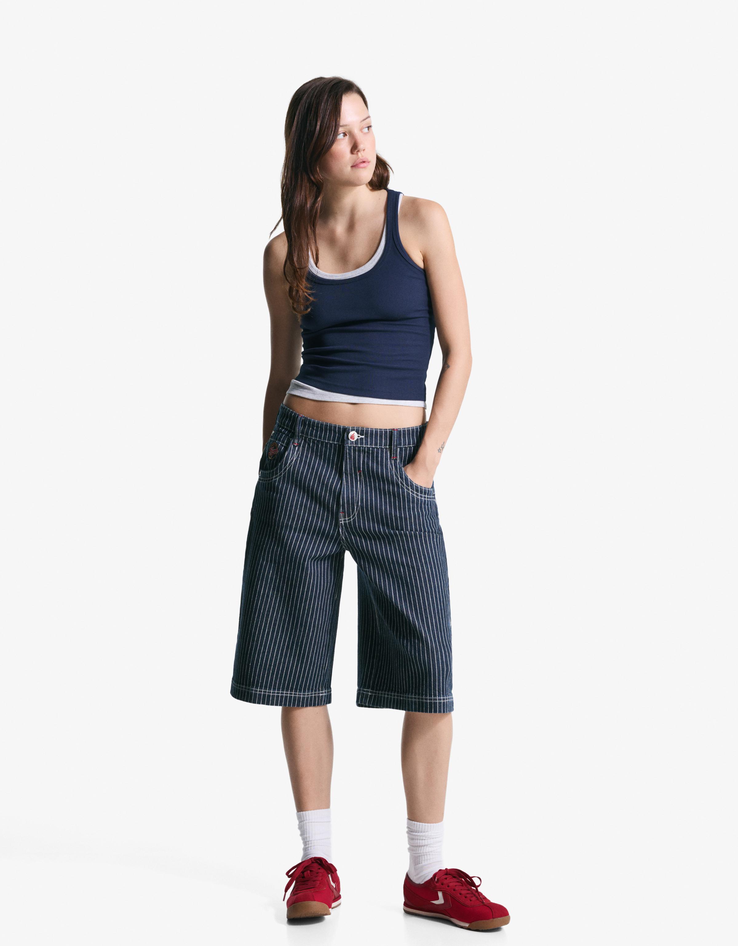 Bershka Wnba Denim-Skater-Bermuda Damen 34 Marinenblau