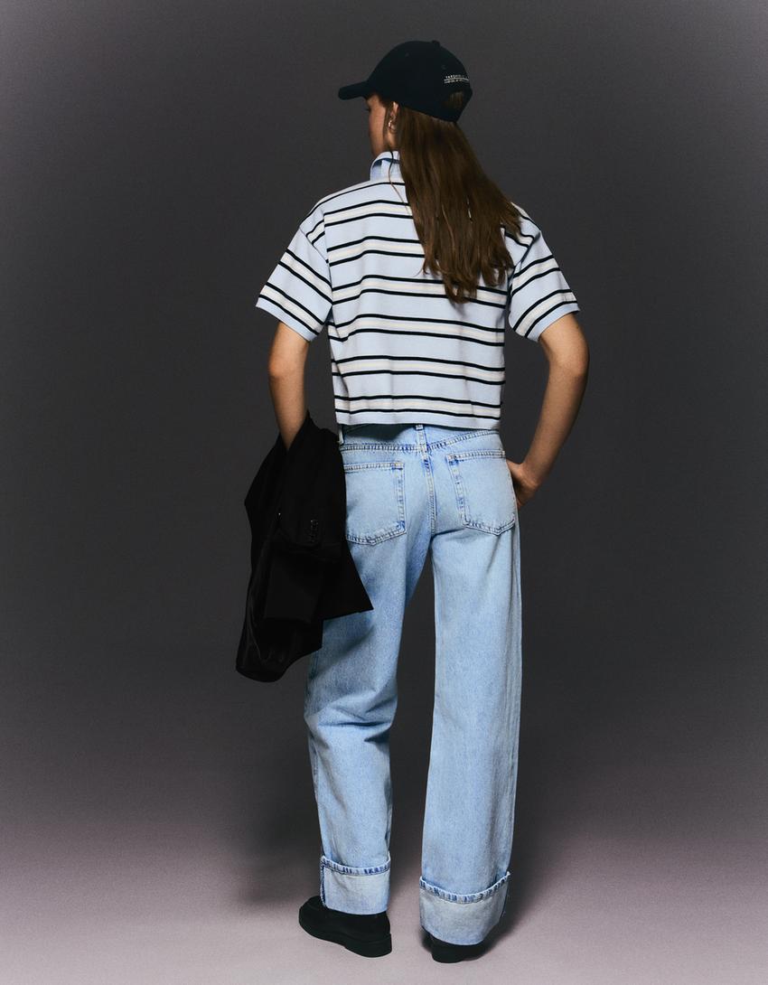 Yüksek bel straight fit geniş paça kıvrık paçalı jean-Açık mavi