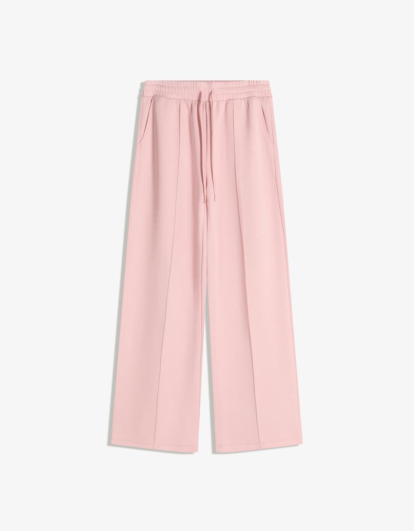 بنطال ساق عريضة بتأثير ألياف مودال-رمادي