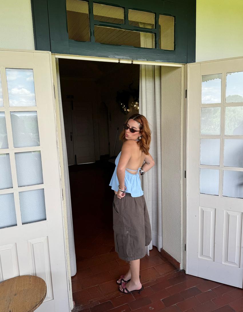 Linen blend halter top-Light blue-2