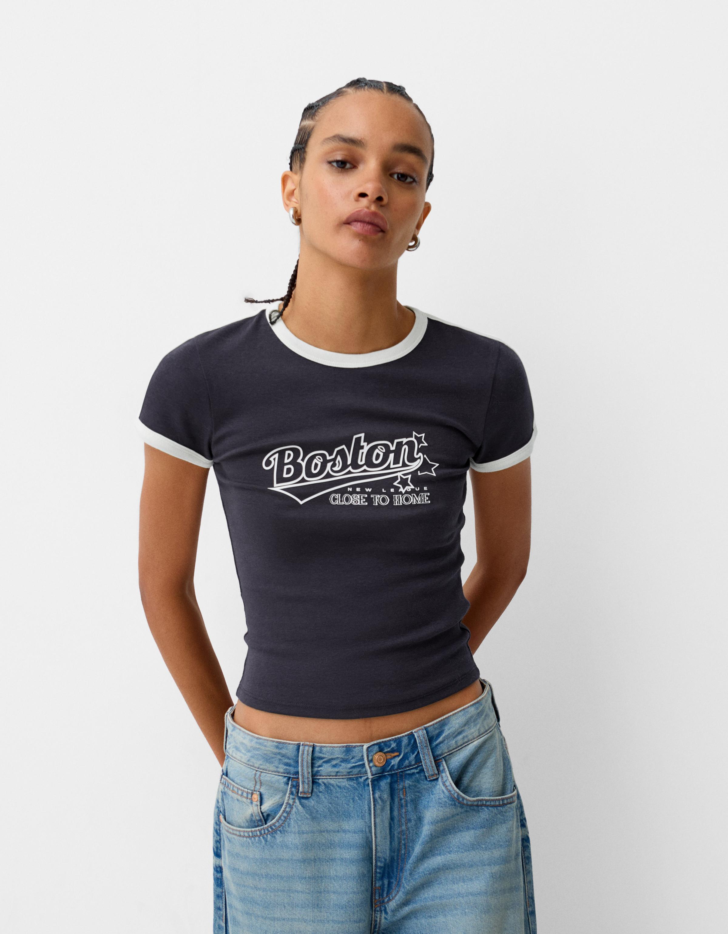 Bershka T-Shirt Mit Print Damen L Marinenblau