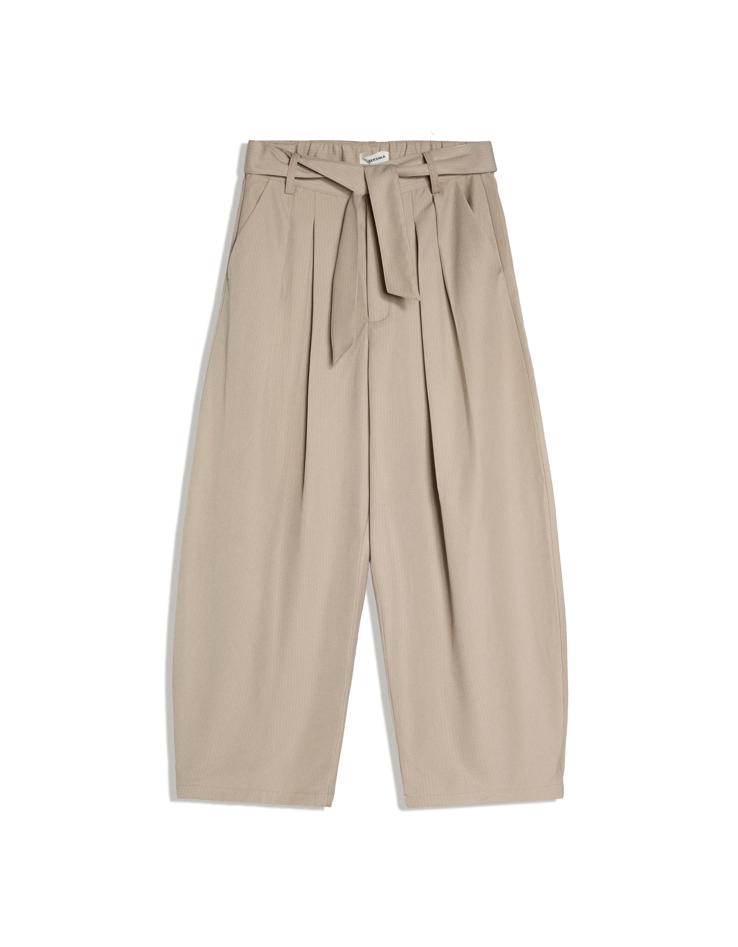 Barrel-leg trousers with darts and belt — Sand