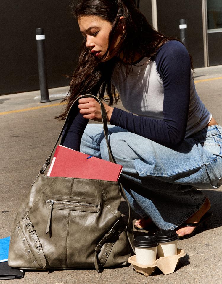 Leather effect bucket bag with buckles — Sand
