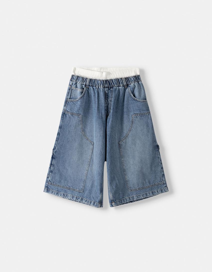 Calções bermuda jort denim baggy cintura contraste-Azul lavado-5