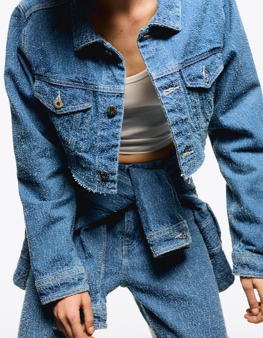 Cropped textured denim jacket