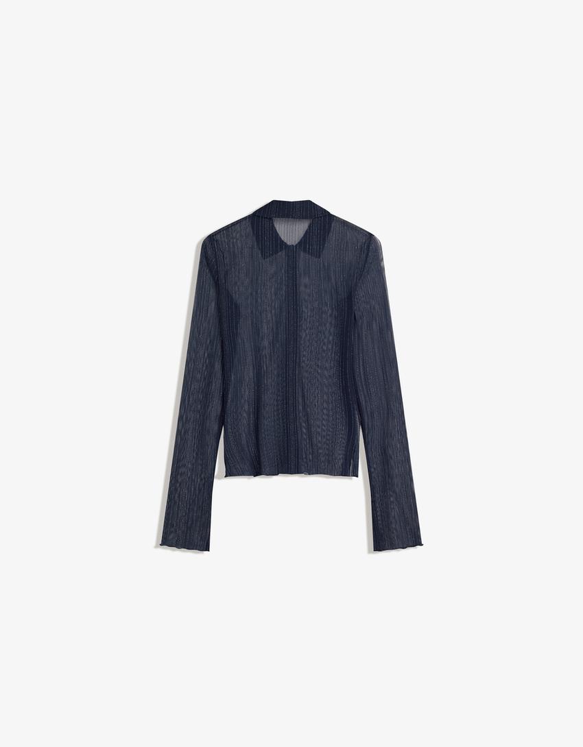 Long-sleeve tulle T-shirt with rhinestones-Navy