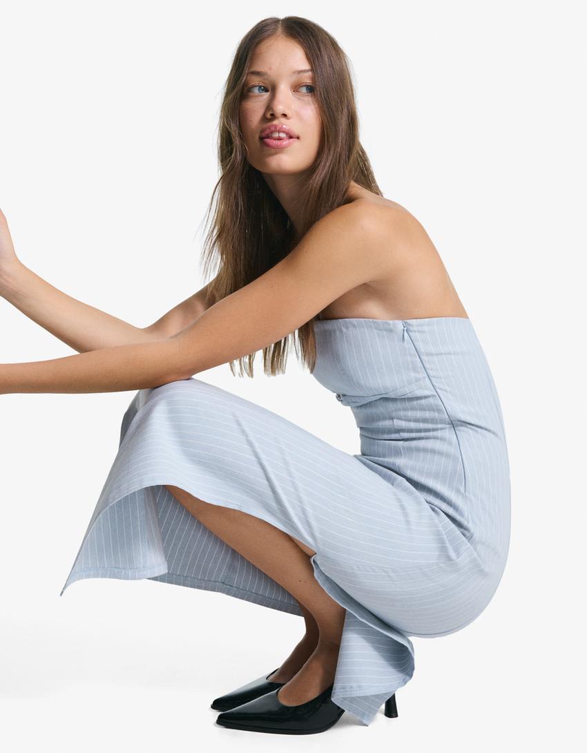 Bandeau midi dress with belt-Light blue