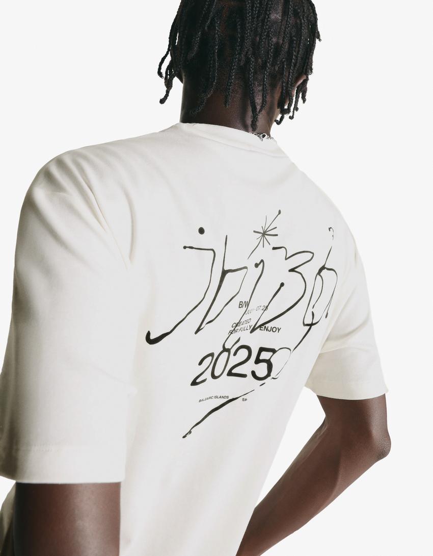 Tricou cu mânecă scurtă și imprimeu-Alb murdar