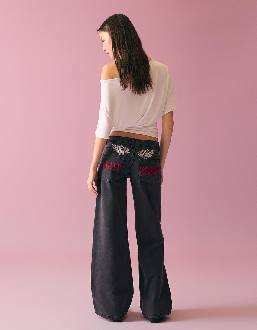 Embroidered twill trousers-Grey
