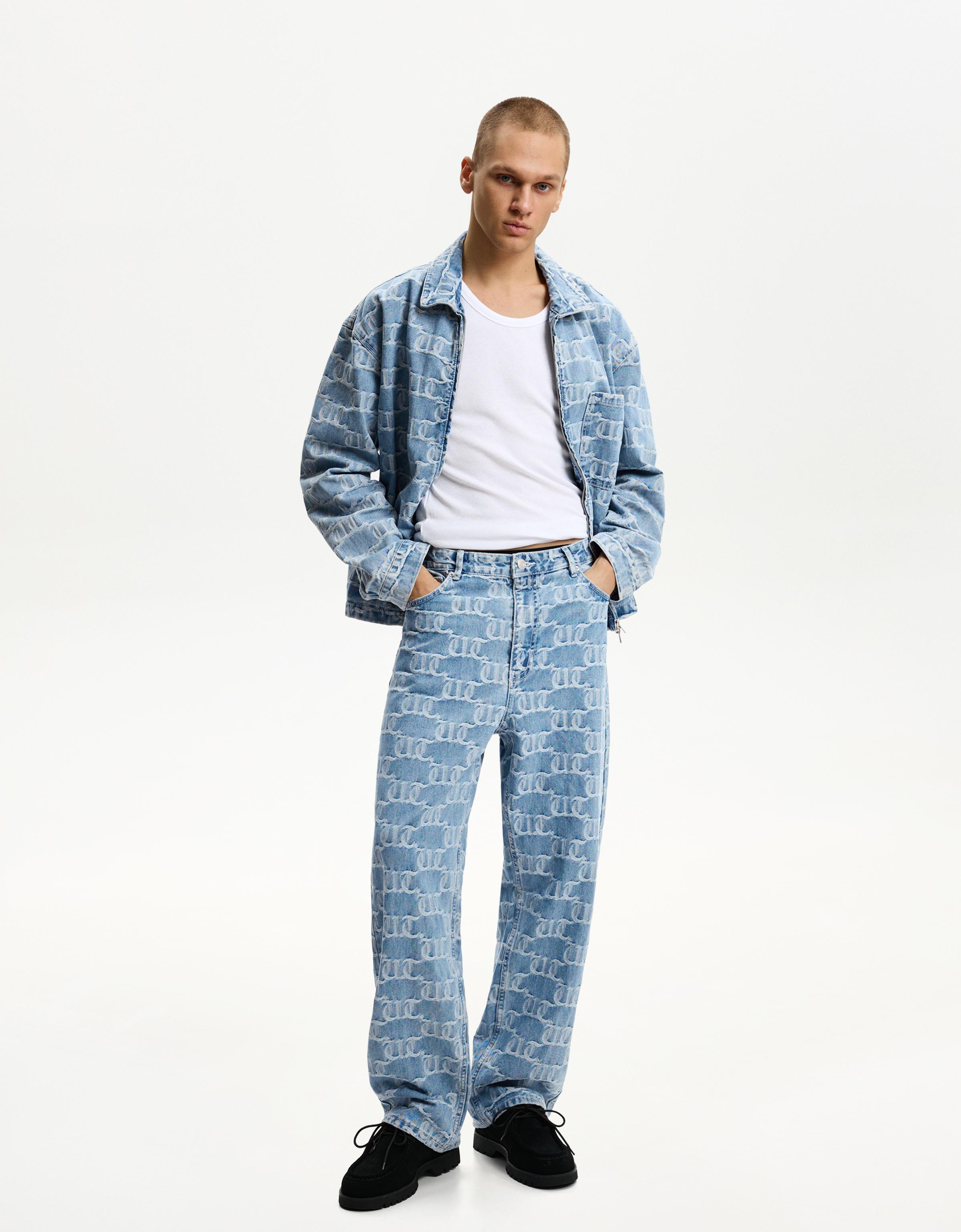 Bershka Baggy-Jeans Mit Jacquardmuster Herren 40 Hellblau