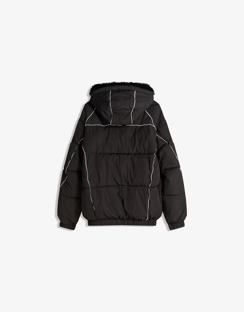 Funktionsjacke mit Kapuze und Kunstfell-Schwarz