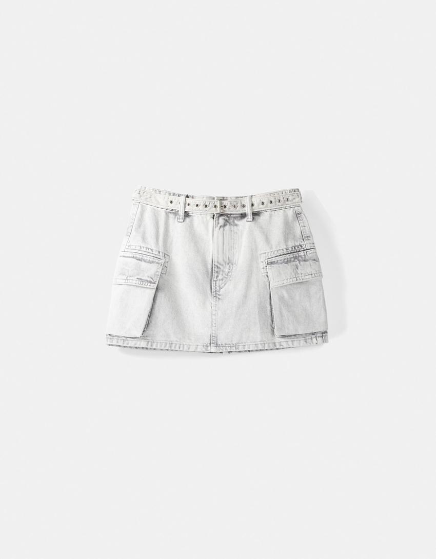 Belted twill cargo mini skirt-White