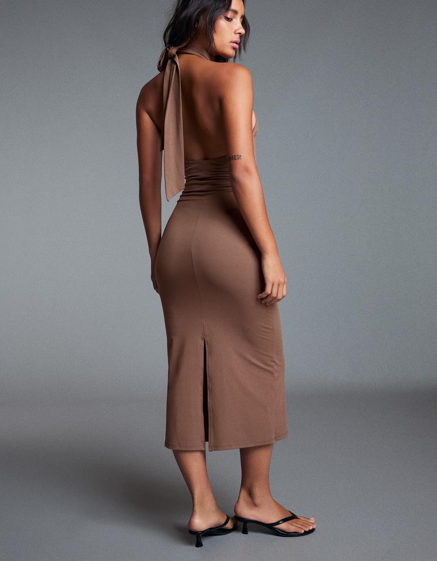 Halter midi dress-Sand