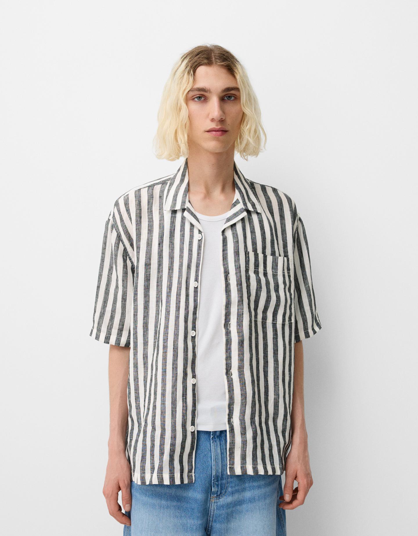 Bershka Camicia A Maniche Corte In Misto Lino Uomo L Avorio