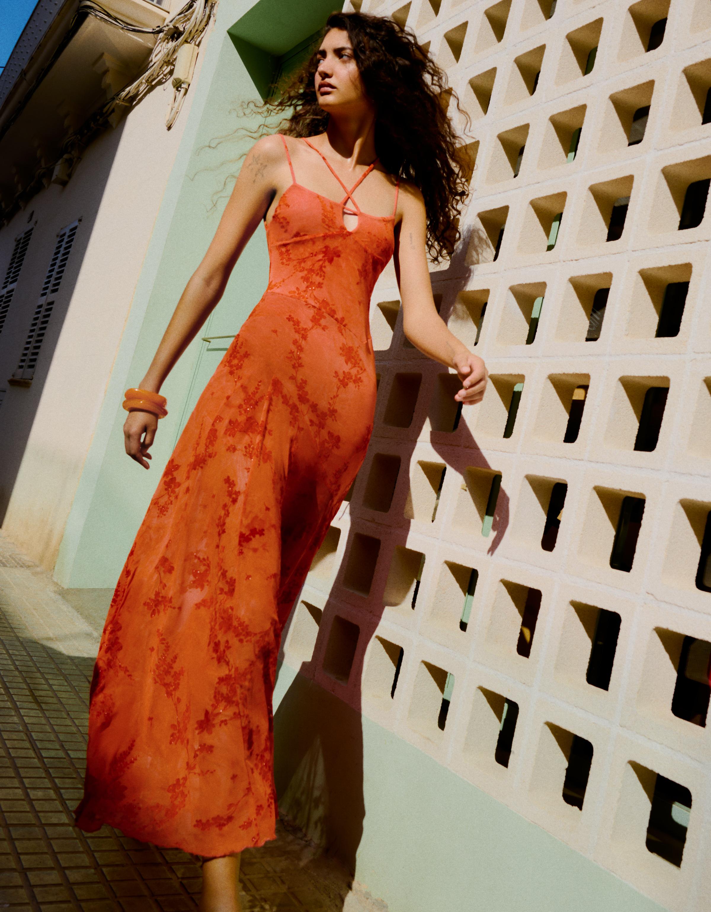 Midi dress with flocked tulle straps — Orange