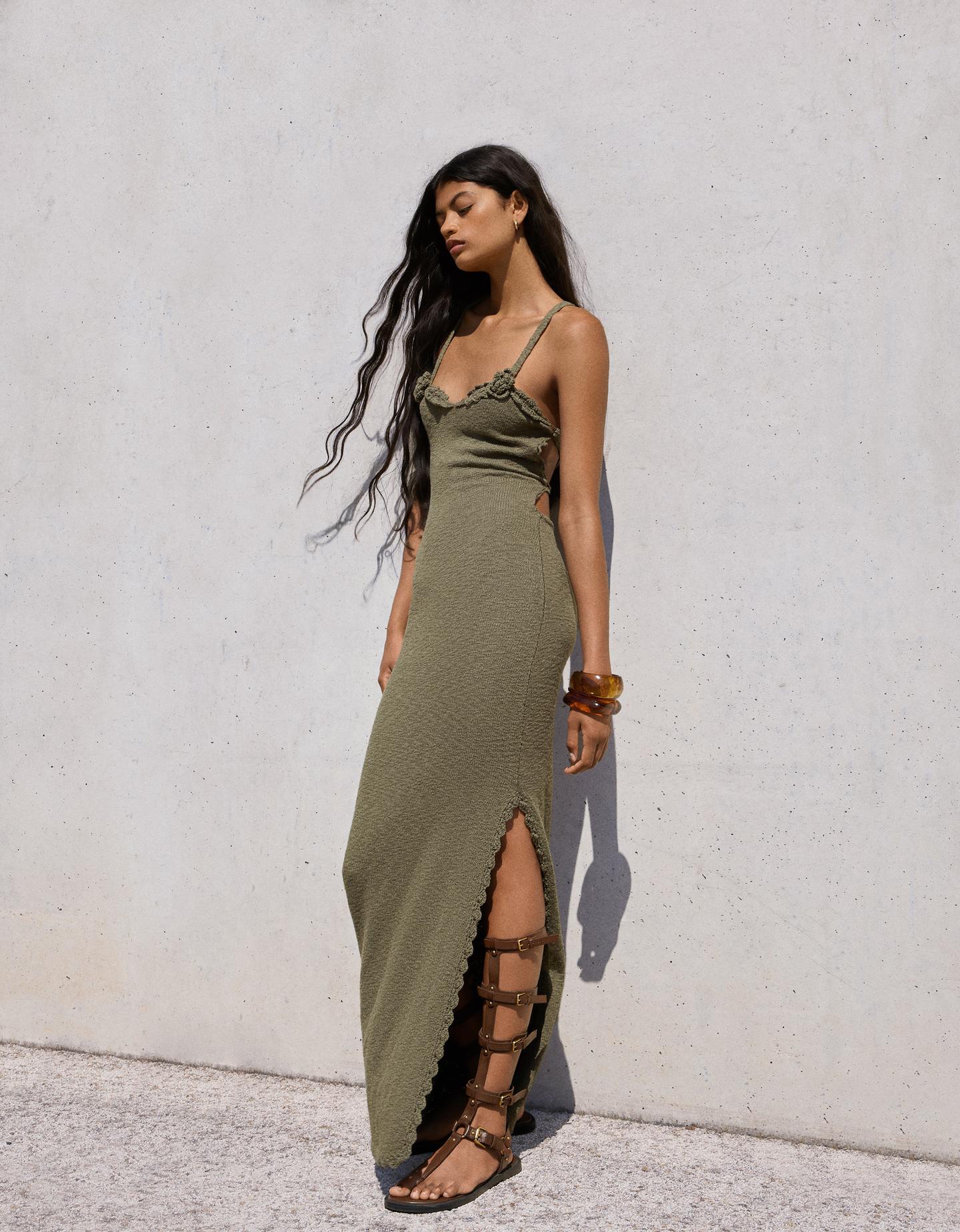 Bershka Vestido Midi Rústico Crochet Mujer L Kaki