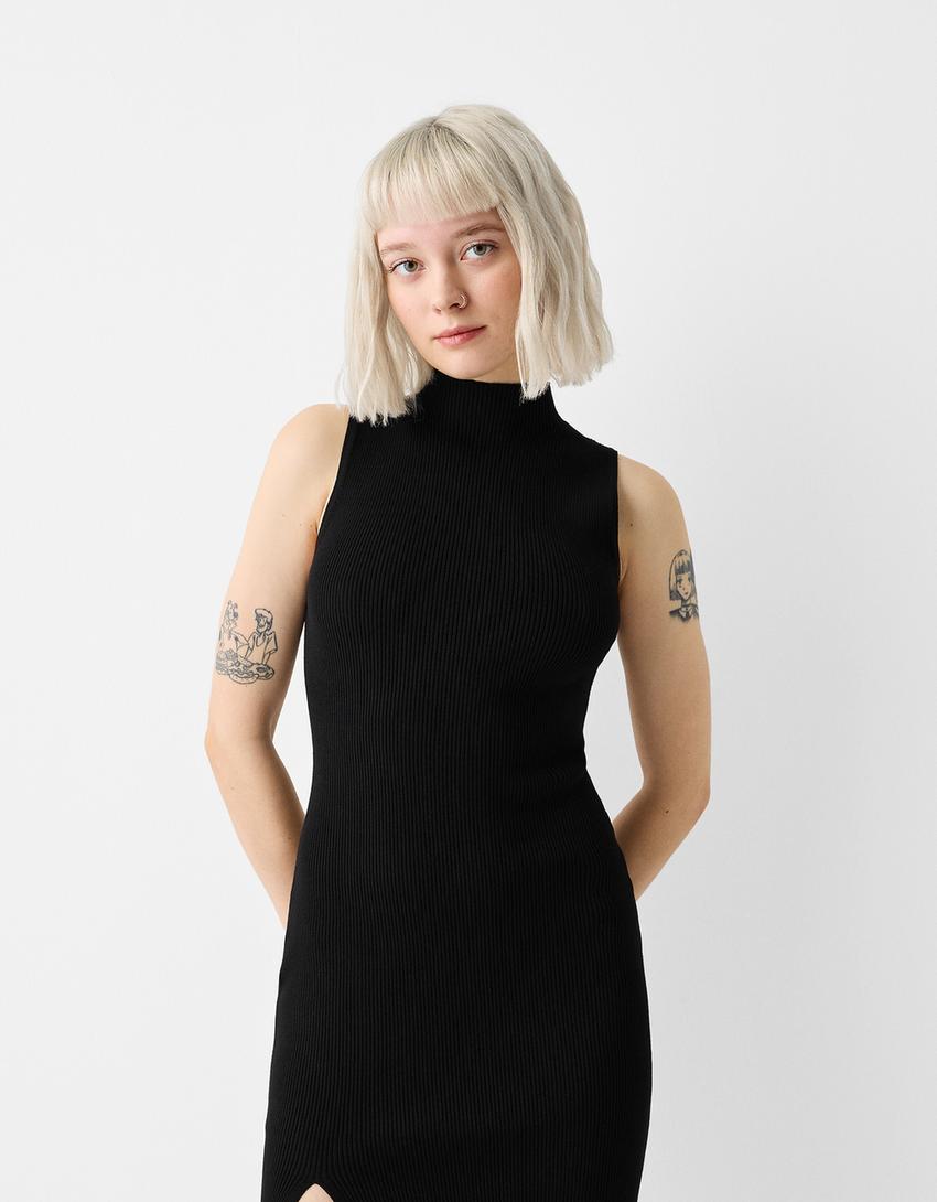 Sleeveless knit high neck mini dress-Black-1