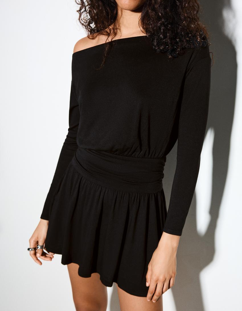 Rochie mini mânecă lungă bandă-Negru