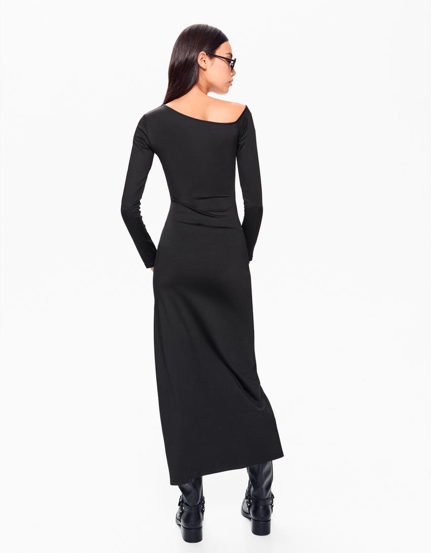 Asymmetric long sleeve midi dress-Black