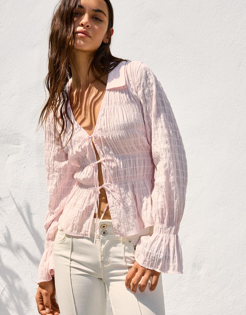 Rustic gathered shirt-Pink-2