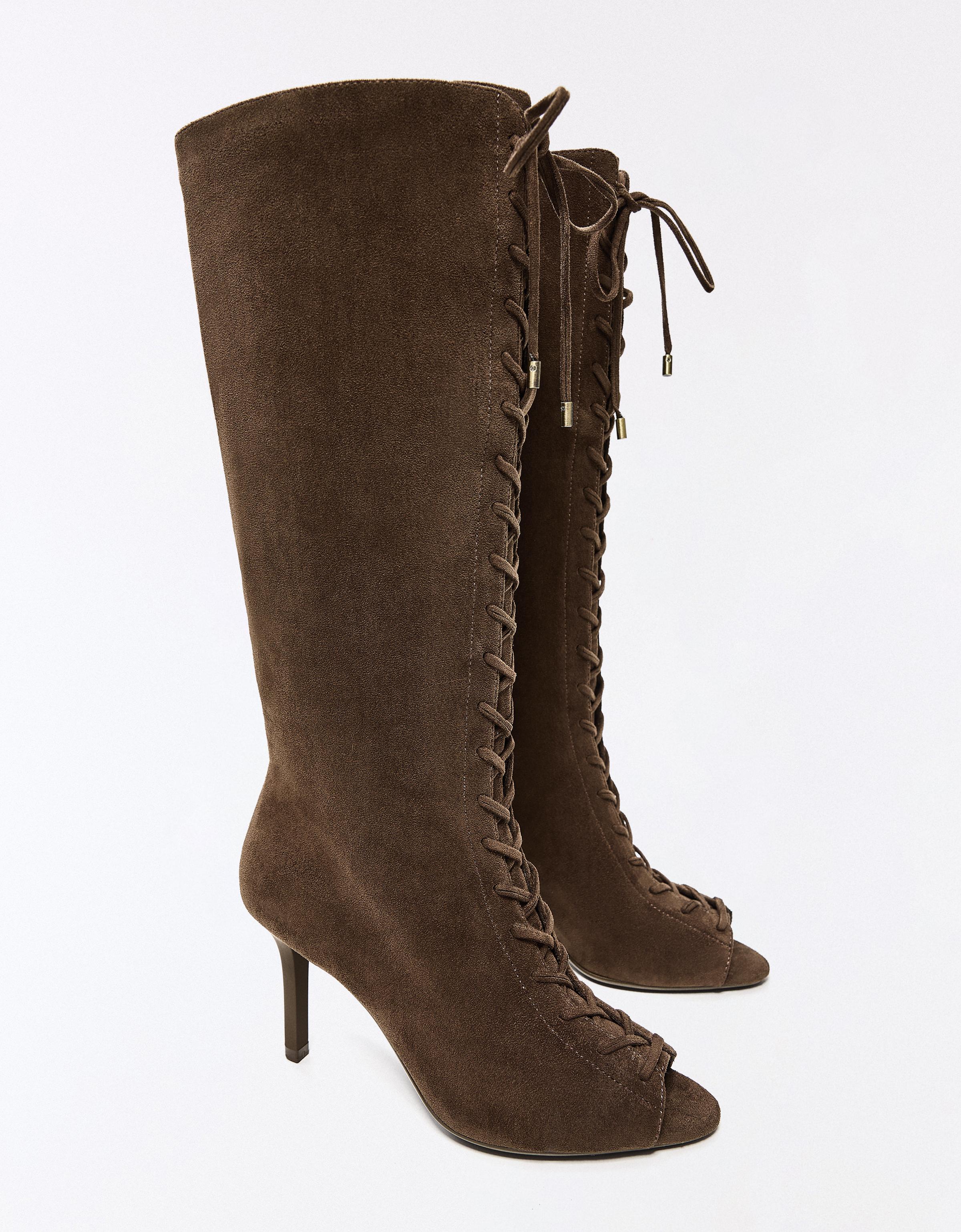 CORSET PEEP TOE HEEL BOOTS — Tan