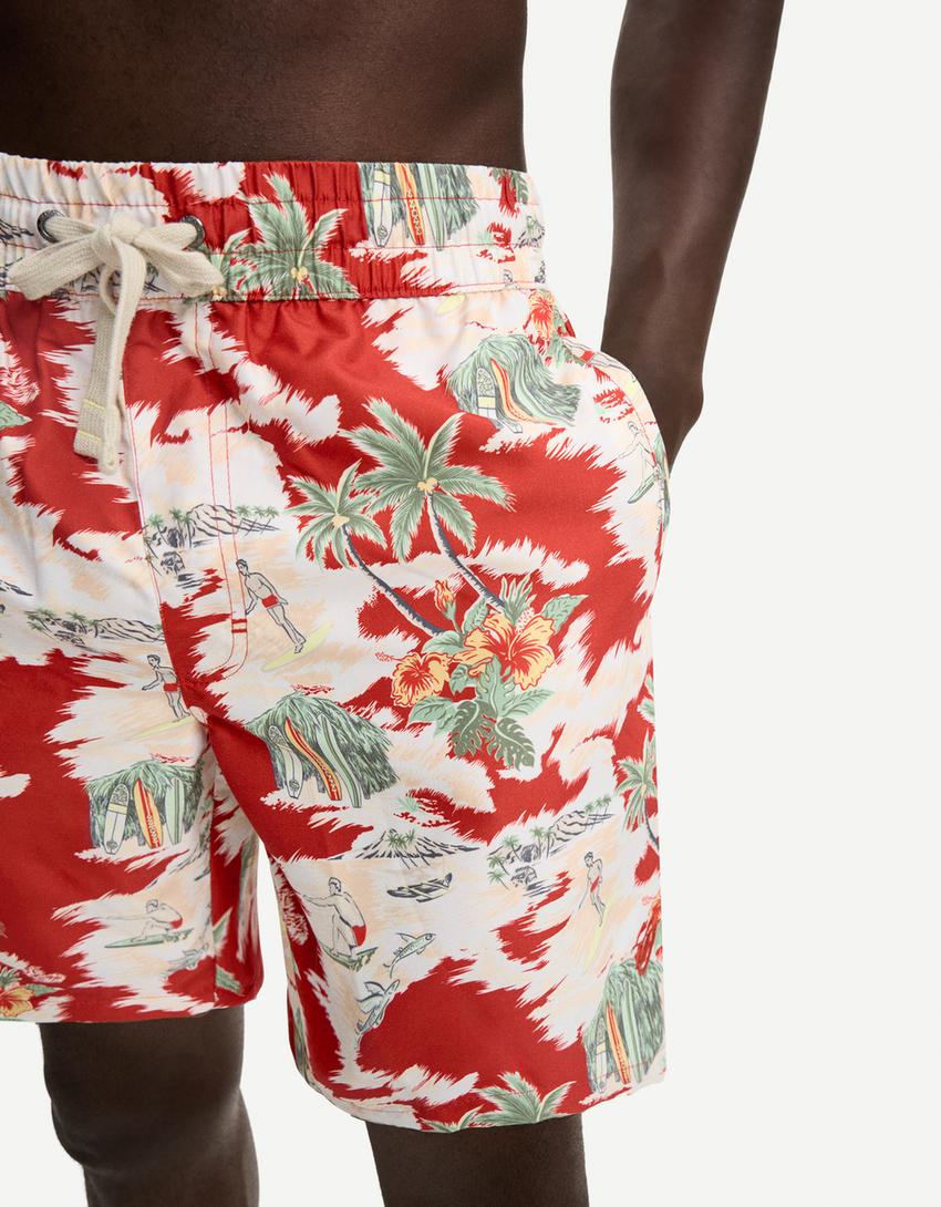 Costume lungo con stampa tropicale-Rosso