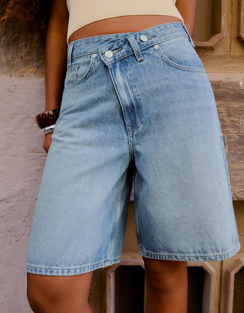 Çapraz belli denim bermuda-Açık mavi