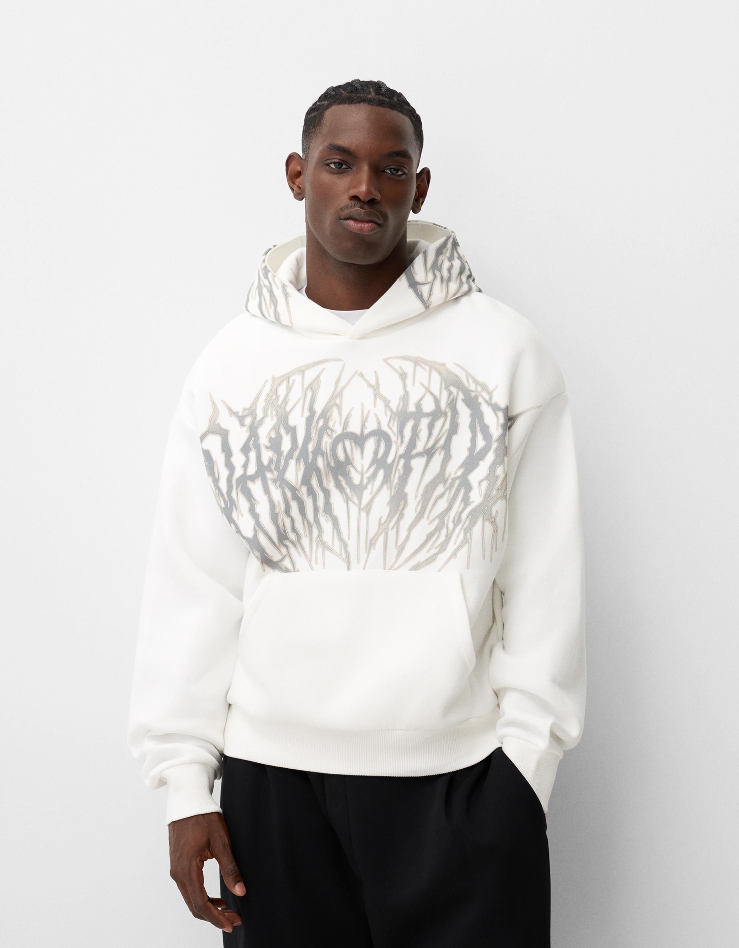 Bershka Hoodie Mit Kapuze Und Boxy-Print Herren M Weiss