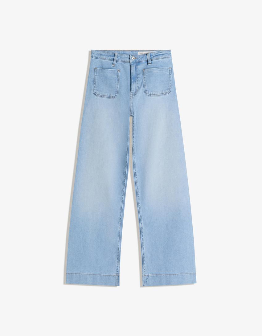 Seamless wide-leg jeans with pockets-Light blue