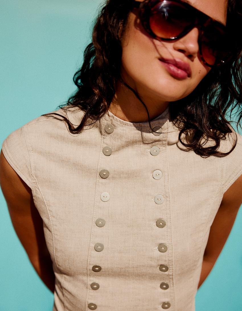 Double-breasted denim top-Camel