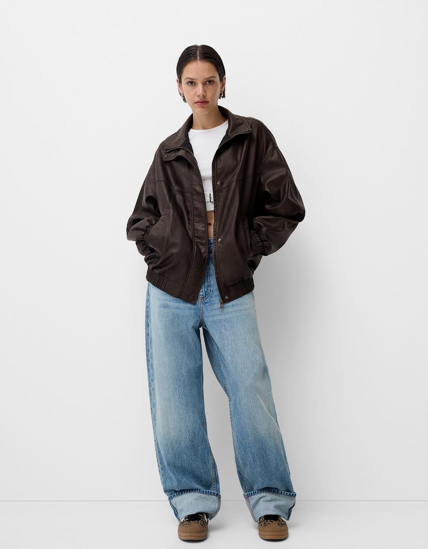 Oversize suni deri ceket-Kahverengi-3