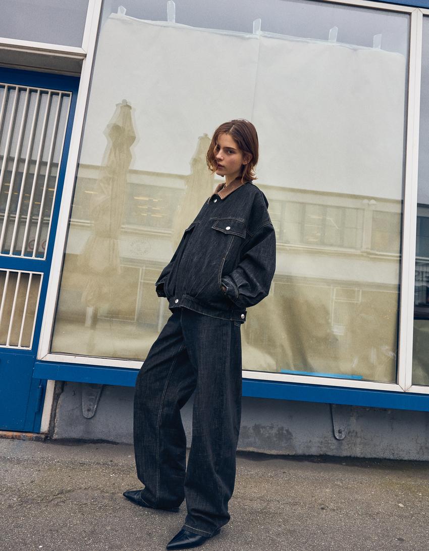 Oversize denim jacket with contrast collar-Navy