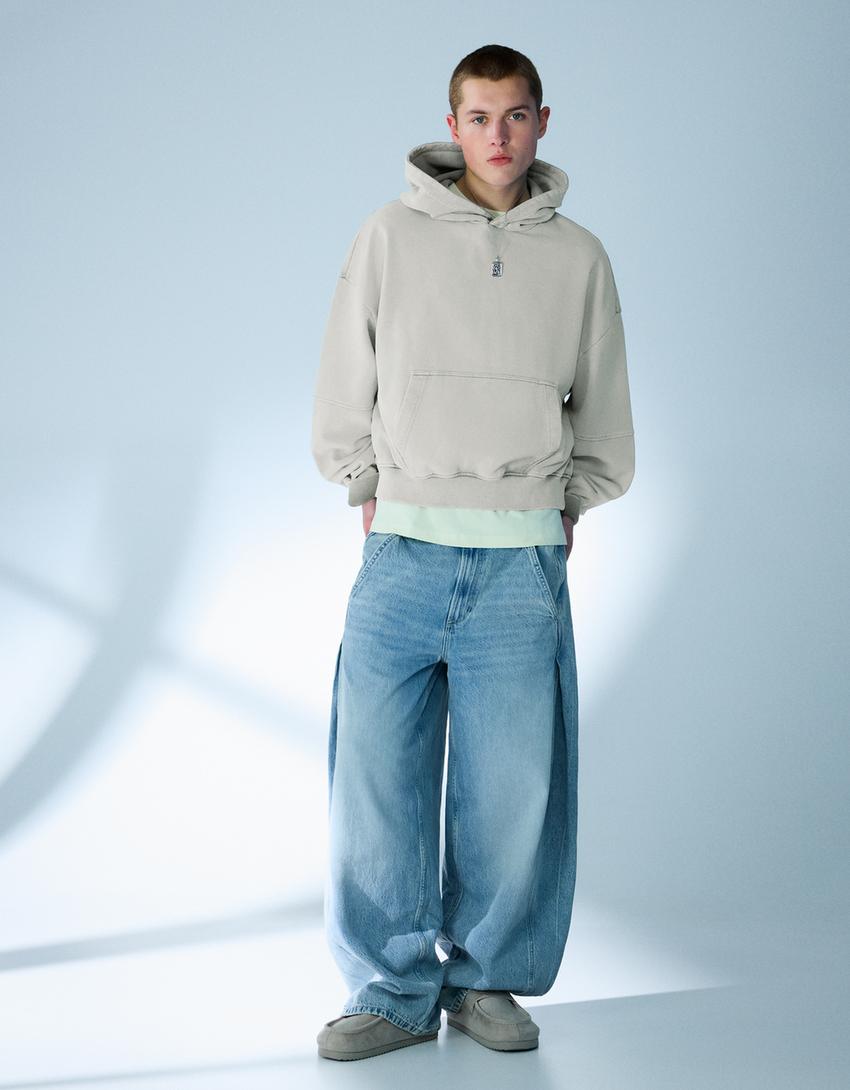 Sweat Boxy fit à capuche délavé-Gris