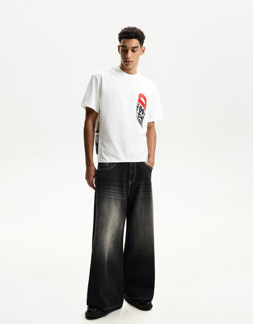 T-shirt met initiaal D-print en korte mouw-Wit
