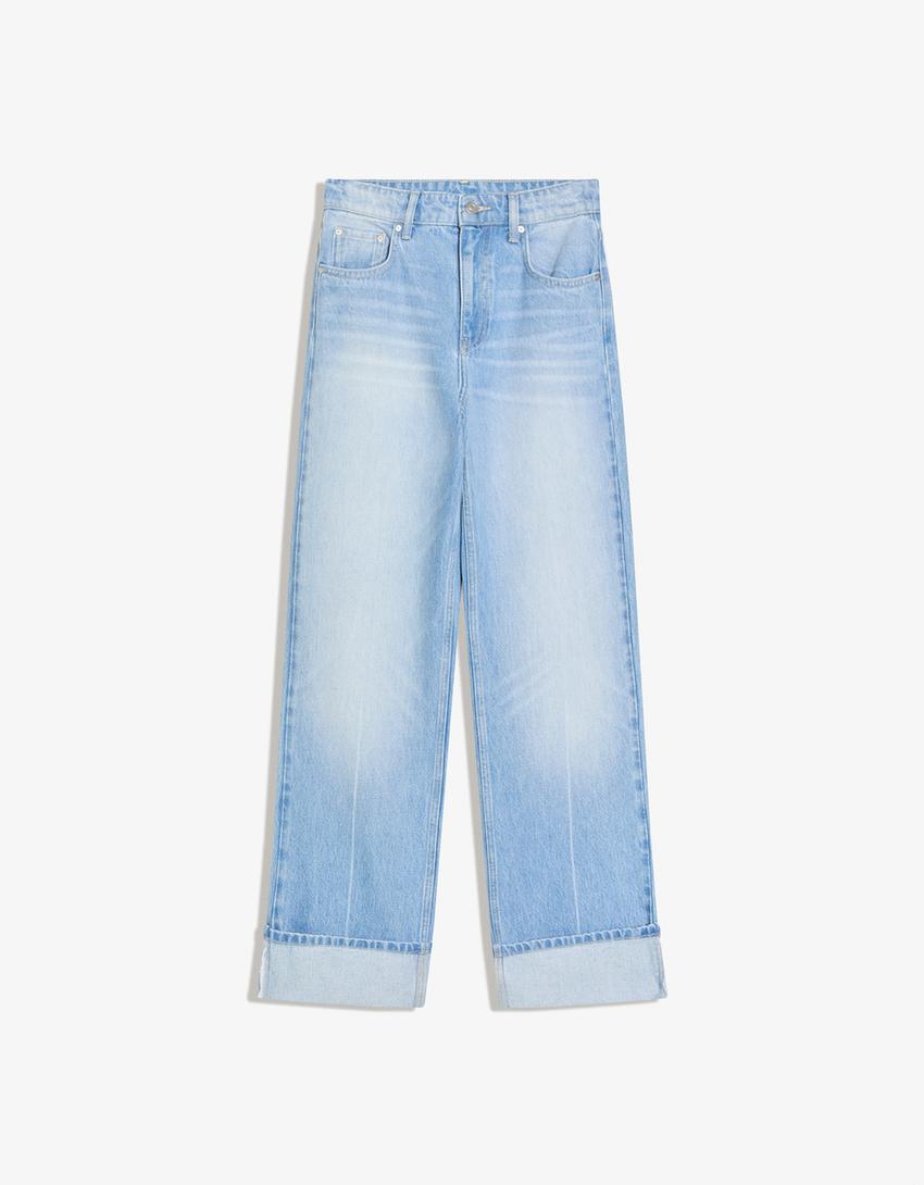 Yüksek bel straight fit geniş paça kıvrık paçalı jean-Açık mavi