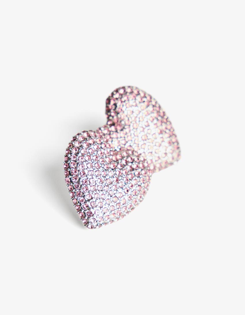 Rhinestone heart earrings-Silver