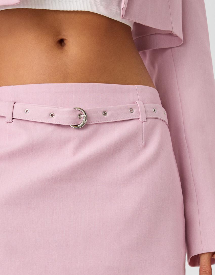 Mini skirt with buckled belt-Pink-5