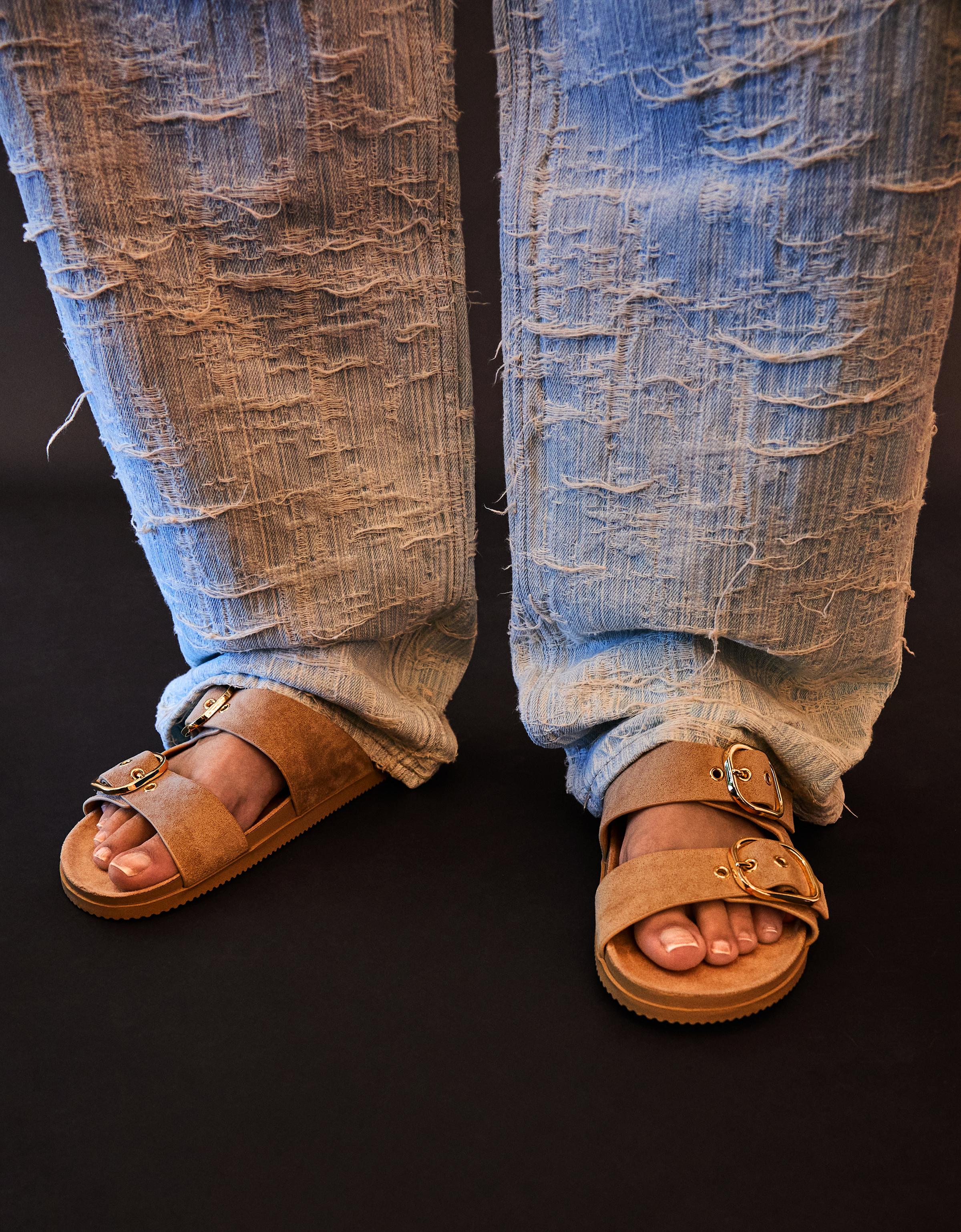 Buckled flat slider sandals — SAND